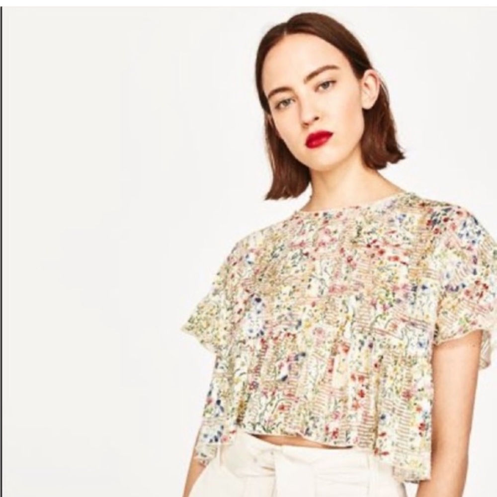 Zara Cropped Sheer Floral Gauzy Top